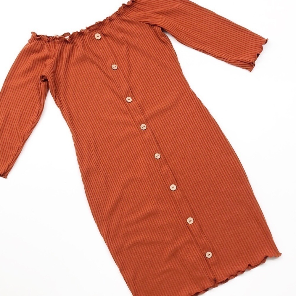 Iris burnt orange ribbed off the shoulder button front dress